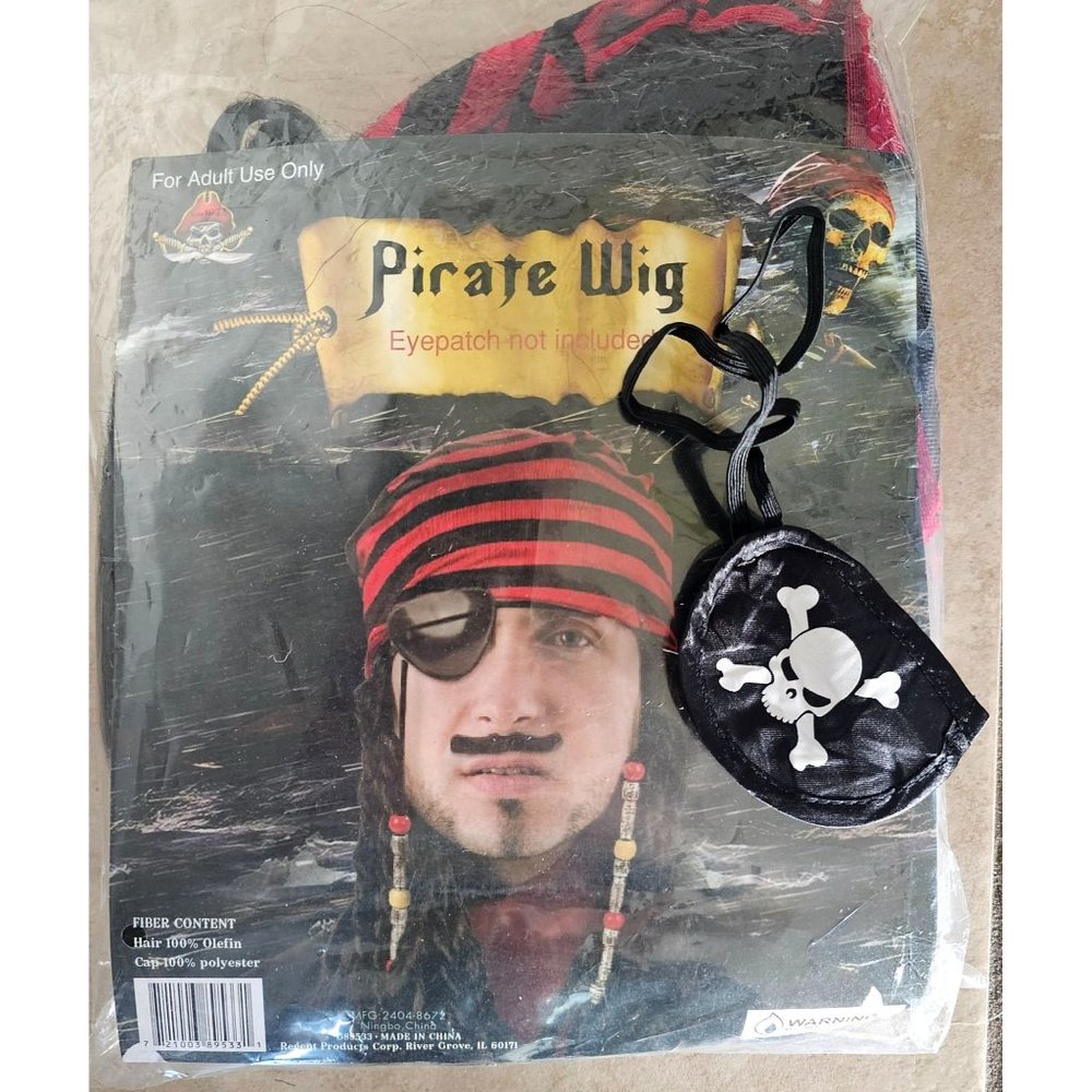 Pirate Wig Beads Red Bandana Skull Eyepatch Costume Halloween Adult Kids Men NEW